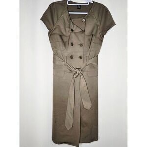 Spense Olive Green Belted Midi Dress Short Sleeve Trench Coat Style Career
